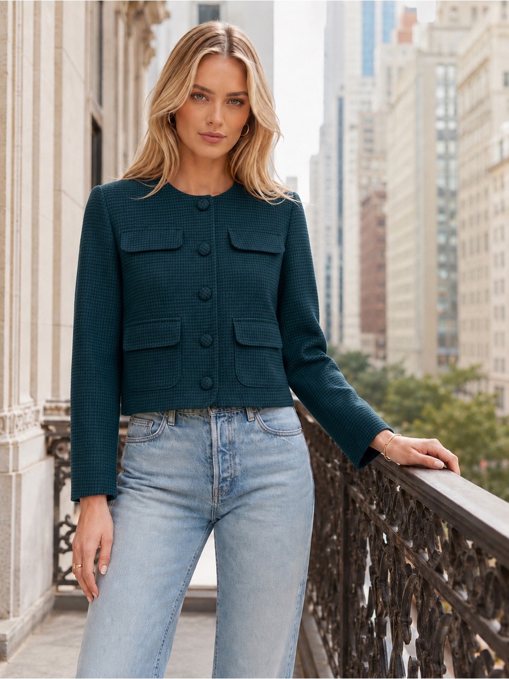 NWT Favorite Daughter The Emily Houndstooth Crop Jacket in Juniper, Size M - Picture 1 of 11